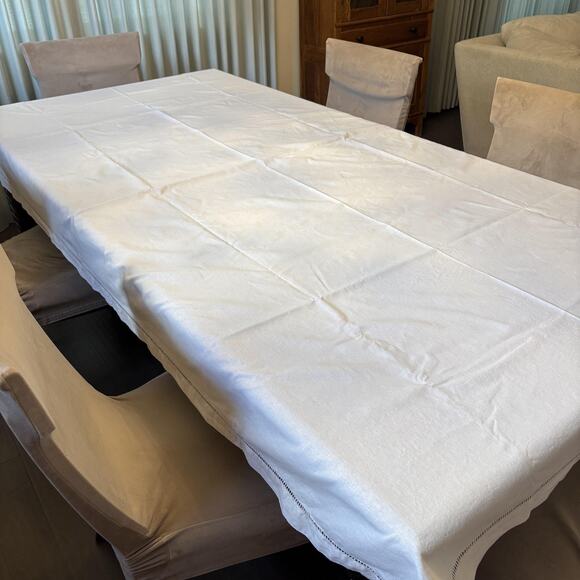 Linen Blend Hemstitch Tablecloth Rectangular 100x116 White Large Long - Picture 2 of 5